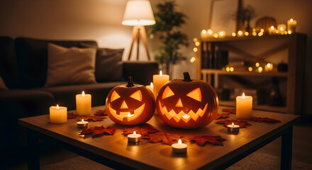 Cozy Halloween Night: Jack-o'-lanterns and Candlelight Glow