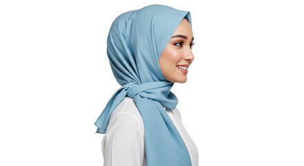 Elegant woman in light blue hijab isolated on transparent background, Muslim fashion for modest clothing and religious observance
