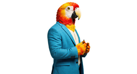 Scarlet macaw with blue suit isolated PNG on transparent background, anthropomorphic parrot for business and finance