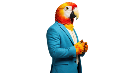 Scarlet macaw with blue suit isolated PNG on transparent background, anthropomorphic parrot for business and finance