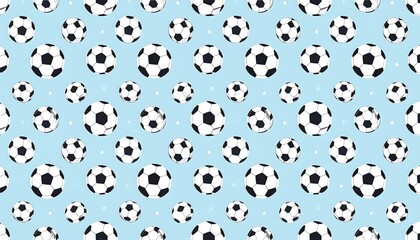 Repeated pattern of classic black and white soccer balls on a light blue background