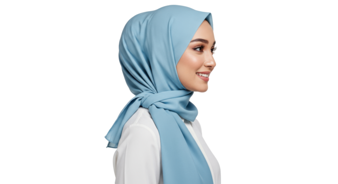Elegant woman in light blue hijab isolated on transparent background, Muslim fashion for modest clothing and religious observance