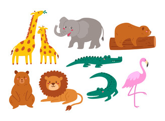 Set of cute animal cartoon. Giraffe, elephant, bear, crocodile, lion, flamingo. Childish vector for educational design.