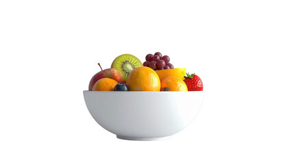 A white bowl is filled with a colorful assortment of fresh fruits, including a kiwi, oranges, grapes, a strawberry, and a blueberry, positioned in front of a plain black background to highlight the...