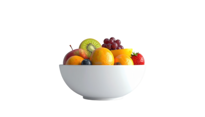 A white bowl is filled with a colorful assortment of fresh fruits, including a kiwi, oranges, grapes, a strawberry, and a blueberry, positioned in front of a plain black background to highlight the...