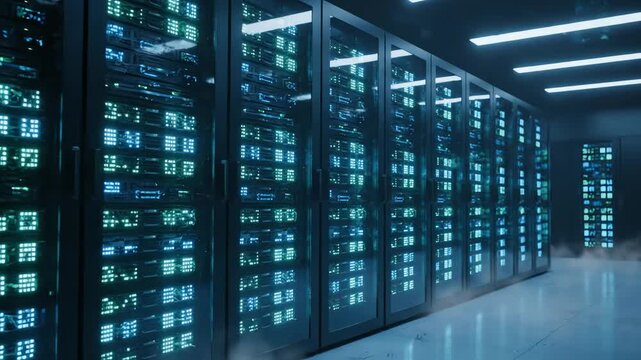 Data center futuristic, data storage cloud computing technology, cybersecurity and information stream processing infrastructure, network server room - Powered by Adobe