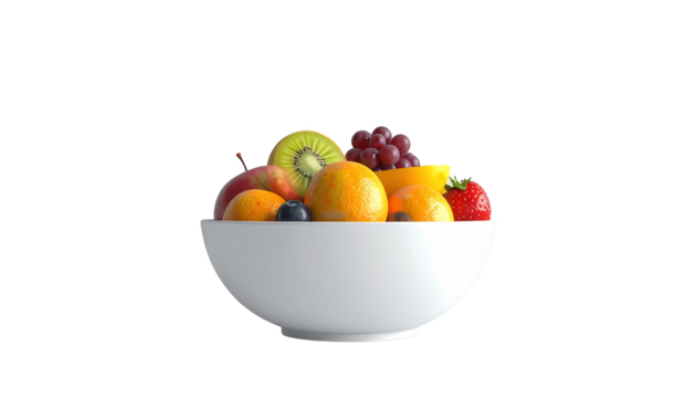 A white bowl is filled with a colorful assortment of fresh fruits, including a kiwi, oranges, grapes, a strawberry, and a blueberry, positioned in front of a plain black background to highlight the...