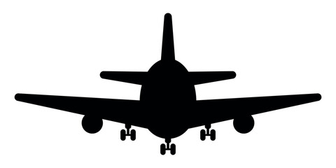 Airplane front view silhouette with landing gear. Black jet aircraft icon symbolizing delivery, logistics, business transport, global shipping, worldwide trade, globalization and international travel