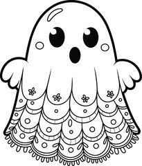 Halloween cartoon ghost, scalloped lace pattern, floral motifs, cute festive character, surprised expression, whimsical spooky vector, decorative seasonal illustration