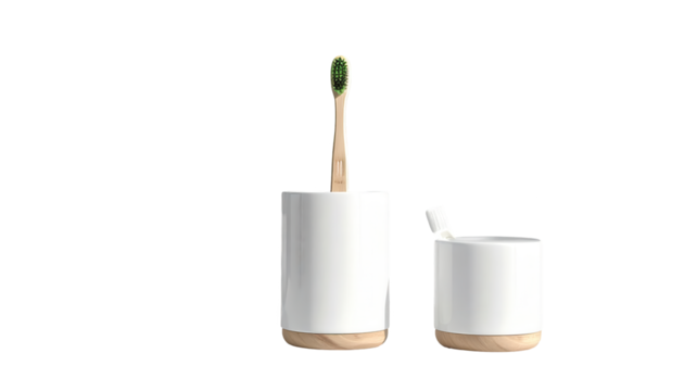 Modern bathroom arrangement presents a toothbrush in a white ceramic holder with wooden accents, positioned beside a matching container, creating a serene and minimalist aesthetic against a solid...