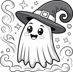 Halloween cartoon ghost, witch hat with buckle, magical swirls and stars, cheerful spooky character, festive black-and-white vector illustration