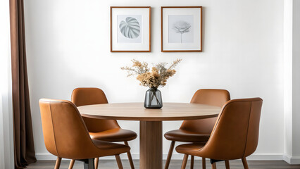 Minimalist round wooden dining table with four upholstered chairs and dried flower arrangement