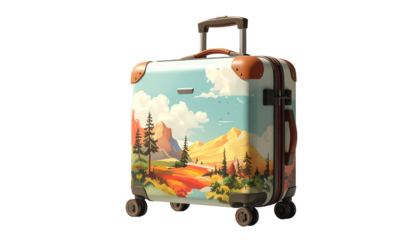Decorative travel suitcase featuring a landscape painting of mountains, trees, and a cloudy sky set against a black background.