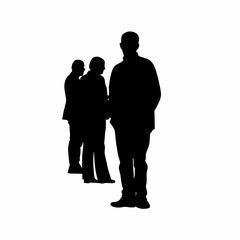 Silhouette of a man waiting in a queue isolated on white background