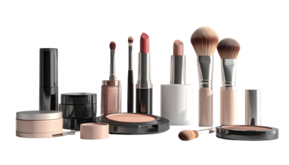 Assortment of various cosmetic products including lipsticks, compact powders, eye shadow, and multiple make-up brushes are displayed against a solid black background.