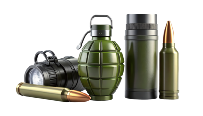 Assortment of military equipment presented against a stark black backdrop, featuring a flashlight, a grenade, a cylindrical object, and a bullet, displayed in a  style with strong color contrasts