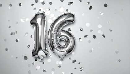 Silver balloon number 16 with confetti on solid colored background. Photo for anniversary or birthday party