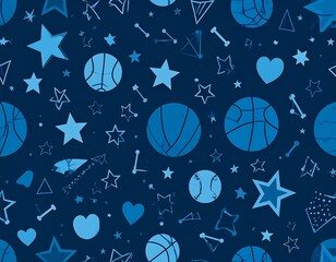 Repeating dark blue pattern of various shapes like stars and balls