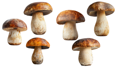 Seven porcini mushrooms with thick white stems and rounded brown caps showing natural pores and textured surfaces.