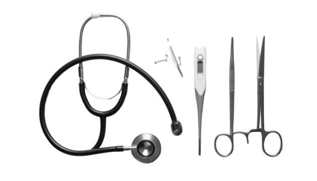 Medical tools arrangement featuring stethoscope, thermometer, tweezers, and scissors on a black backdrop, forming a conceptual depiction of healthcare practices, surgical procedures, and diagnostic...
