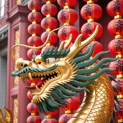 Fototapeta premium Closeup of a golden dragon statue with green details and red lanterns in the background, symbolizing chinese culture and festive celebrations