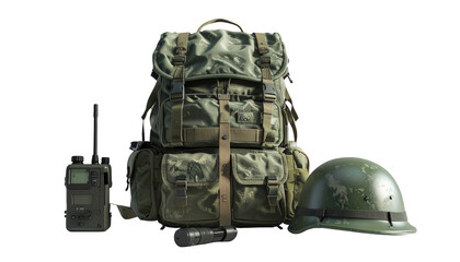 Military gear, including a large green backpack, a helmet, a radio with an antenna, and a flashlight, are displayed on a plain black background, highlighting rugged equipment with a neutral aesthetic.