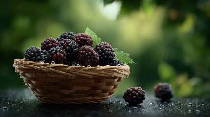 A basket of blackberries on the table, against a green background, with water droplets and raindrops, a fresh scene, captured in high-definition photography, suitable for commercial use.