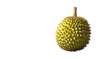 A   shot showcases a spiky durian fruit, isolated against a solid black backdrop, emphasizing the unique textures and bright yellow-green color.