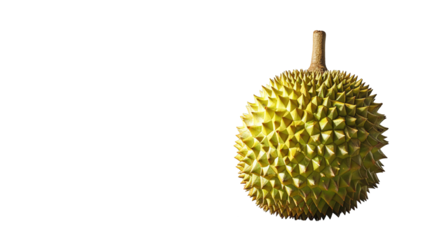 A   shot showcases a spiky durian fruit, isolated against a solid black backdrop, emphasizing the unique textures and bright yellow-green color.