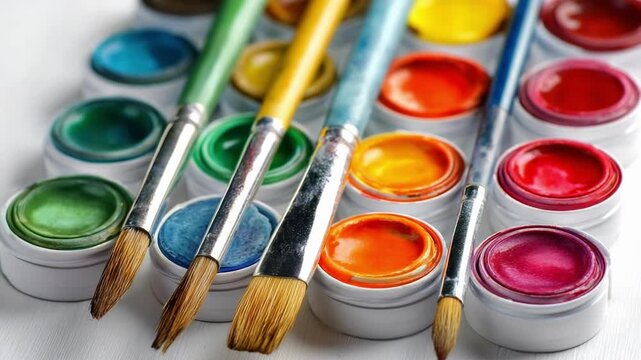 Assorted watercolor paints and brushes arranged on a white surface.