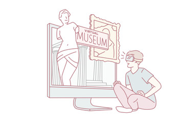 Virtual museum and technologies concept. Smiling boy cartoon character sitting looking at laptop screen with virtual museum online vector illustration