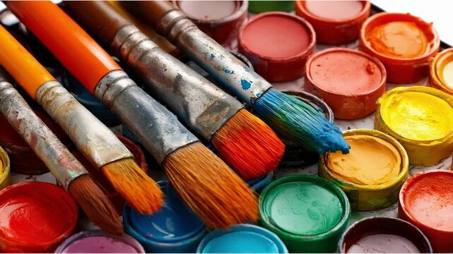 Assorted colorful paint pots with brushes resting on top.