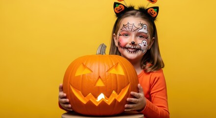 Portrait of happy girl in Halloween costume holding pumpkin on  yellow background. Happy Halloween!	