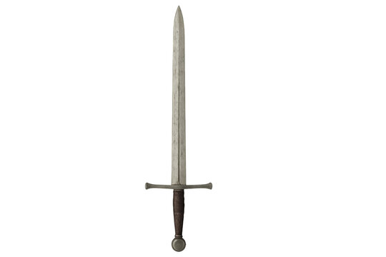 Medieval broadsword with ornate handle against transparent background