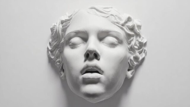 White marble classical bust of a face with closed eyes and a slightly open mouth.