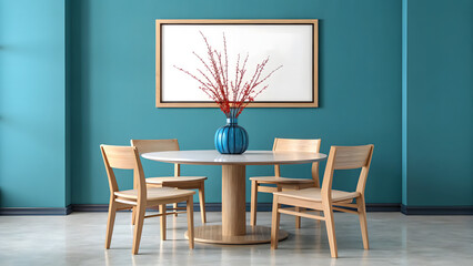 Minimalist dining set light wood chairs round table teal vase framed art modern interior design