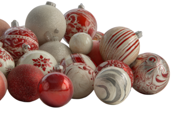 Assortment of Christmas Ornaments in Red Silver and White Colors Against Transparent Background