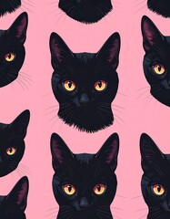Repeating pattern of black cat faces against a pink background