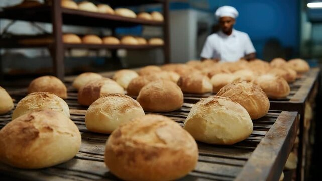 A collection of freshly baked bread rolls cooling on a rack in a bustling bakery, showcases the warmth and comfort of homemade baked goods.