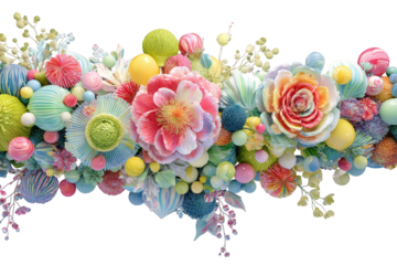 Vibrant Floral Arrangement with Pastel Colors Spheres and Blossoms on Transparent Background