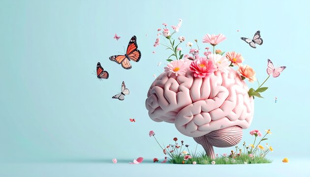 Blooming Human Brain with Flowers and Butterflies – Surreal Concept of Mental Health and Creativity