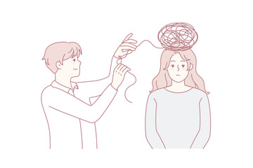 Psychologist work with woman patient unravel confused thoughts in head. Unhappy tired female having session with psychotherapist. Psychotherapy. Vector illustration.
