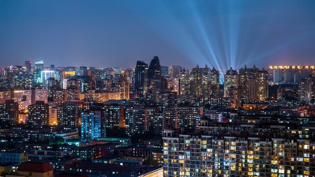 Beijing Central Park Night Skyline with Illuminated Buildings and Dramatic Sky - Urban Cityscape Timelapse View