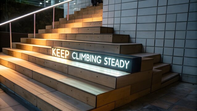 Illuminated sign on wooden steps encouraging upward movement