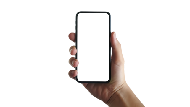 Hand Holding Smartphone, with Blank Screen, cutout, PNG isolated on white or transparent background