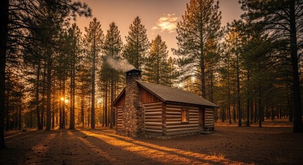 Getaway to a charming log cabin nestled in a serene forest with sunlight pouring through the trees