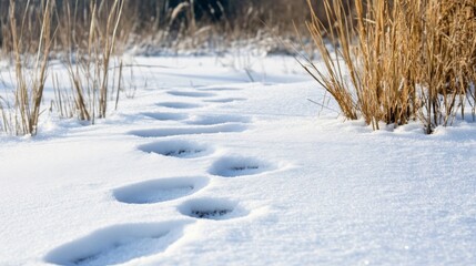 Footprints in the Snow Leading into the Distant Wilderness, Showcasing a Serene Winter Scene