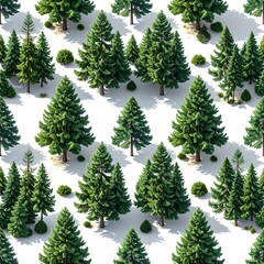 Repeating pattern of stylized evergreen trees and small shrubbery on white