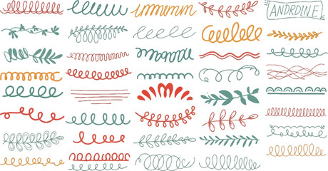 Hand drawn doodle design elements featuring swirls, lines, and floral accents for creative projects and decorative applications.