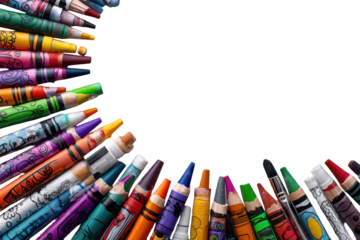 Assortment Of Colorful Crayons Arranged In A Semicircle On Black Background Showing Artistic Concept